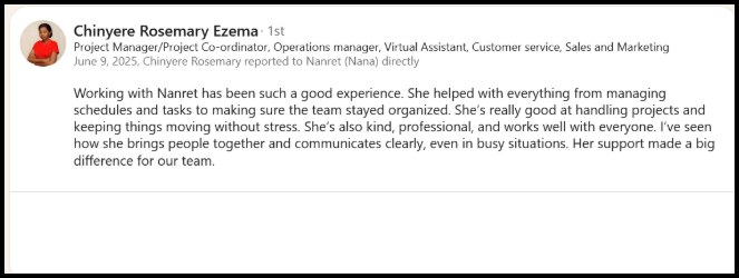 LinkedIn recommendation from Chinyere Rosemary Ezema, Project Manager and Operations Manager, describing Nanret's schedule and task management and how she kept the team organised