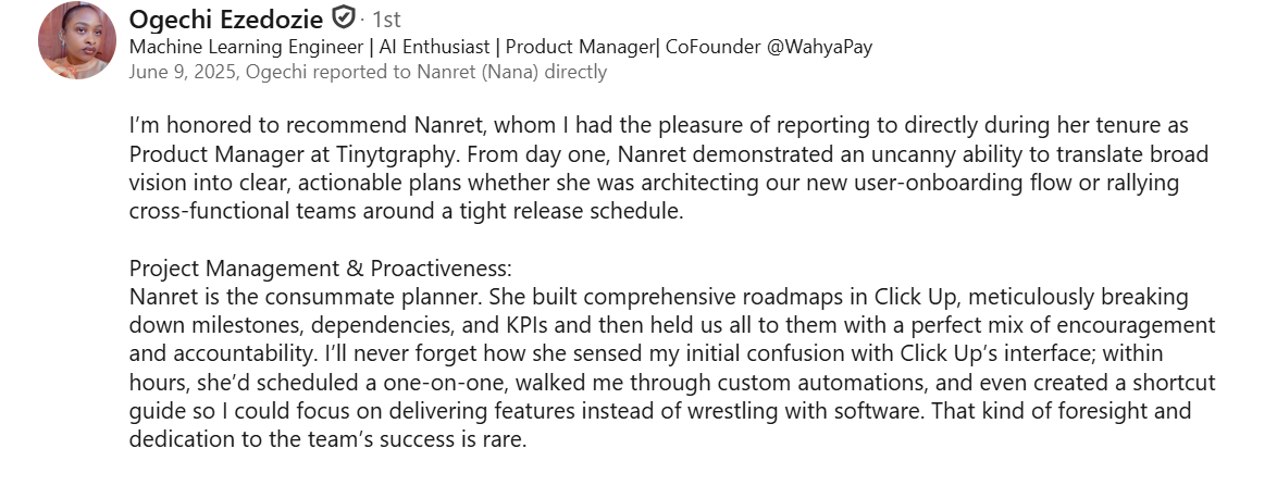 LinkedIn recommendation from Ogechi Ezedozie, Machine Learning Engineer and Product Manager, describing Nanret's project management and proactiveness