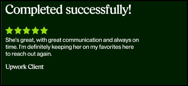 Five star Upwork review describing Nanret as great with communication and always on time, and saying the client would hire her again